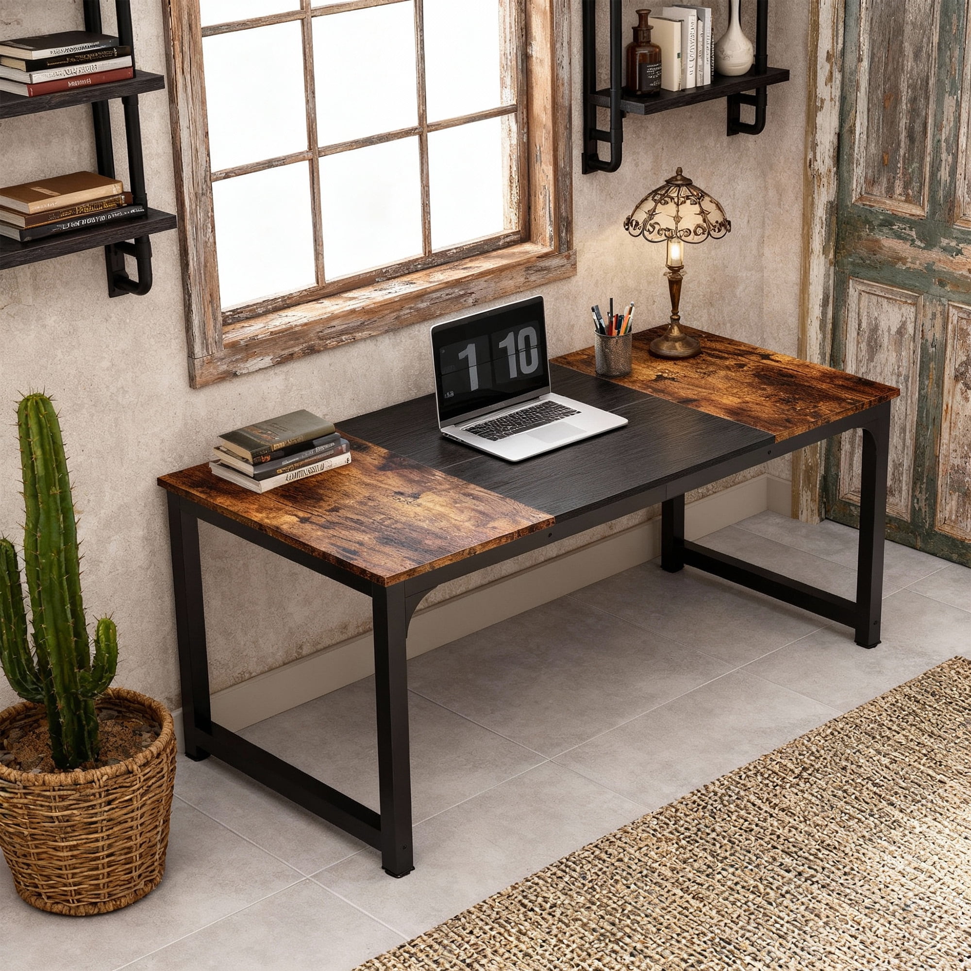 KIOOTTO 63" Executive Office Desk, Large Computer Writing Desk with Heavy Duty Steel Frame, Rustic Brown