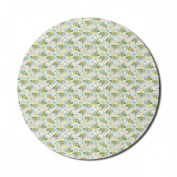 Floral Mouse Pad for Computers, Rhythmic Colorful Flowers Yellow Petals Pattern, Round Non-Slip Thick Rubber Modern Gaming Mousepad, 8" Round, White Multicolor, by Ambesonne