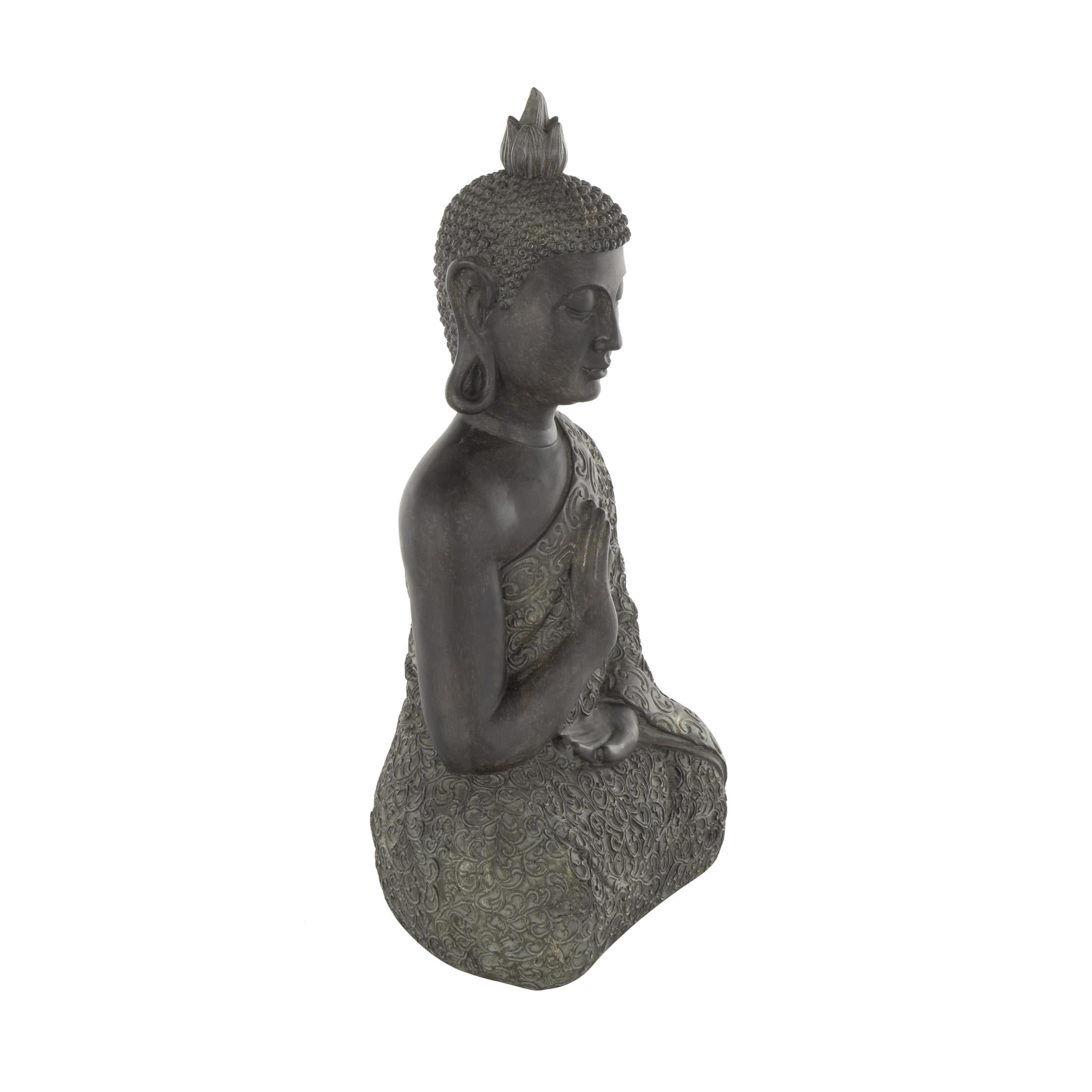 11" x 21" Brown Polystone Meditating Buddha Sculpture with Engraved Carvings and Relief Details, by DecMode