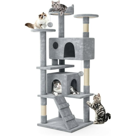 70 Inch Cat Tree Tower with 2 Condo, Tall Cat Tower with Scratching Post, Cat Climbing Tower, Light Grey