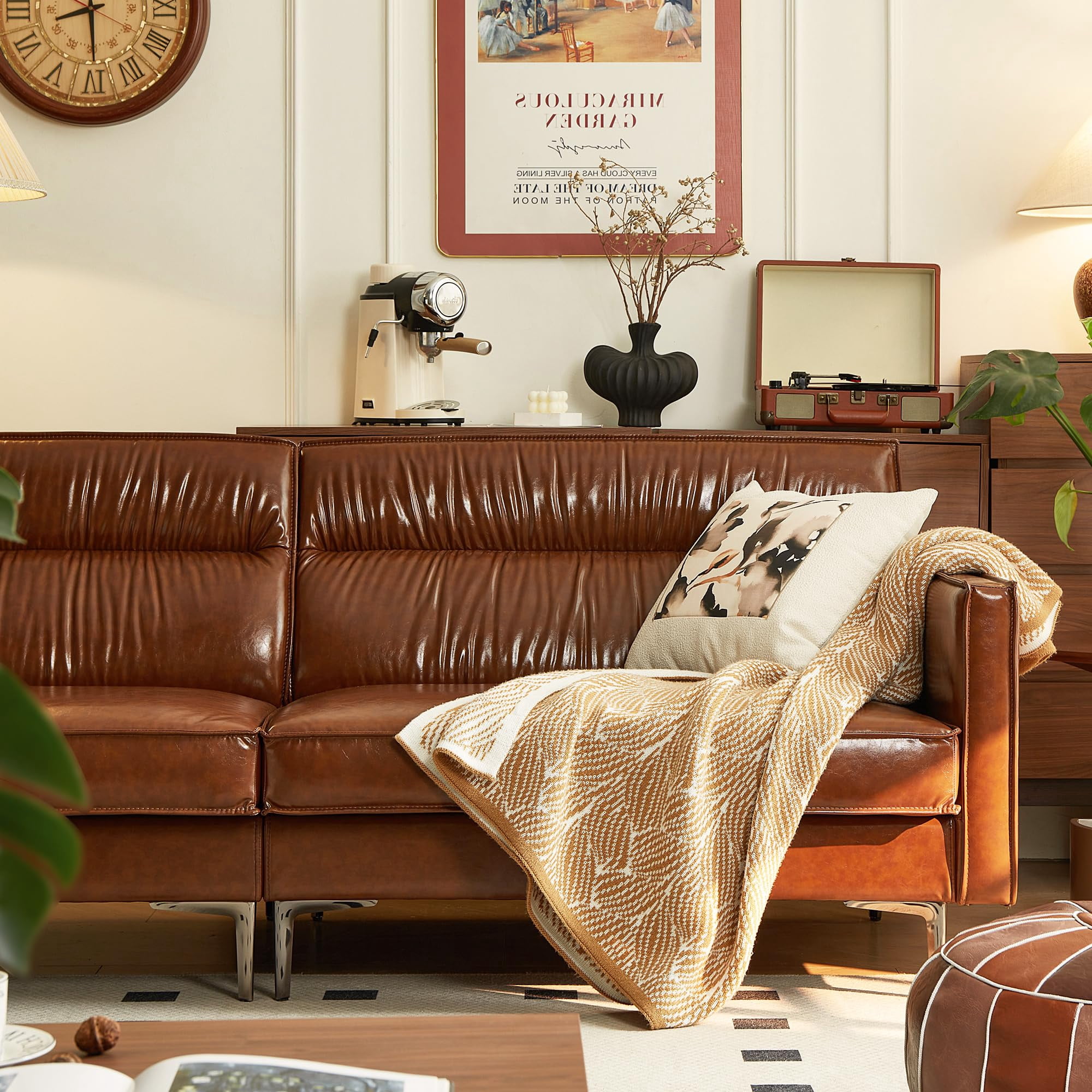 NessCarsti Furniture Modern Living 3-Seater Leather Sofa with Removable Cushions, Brown