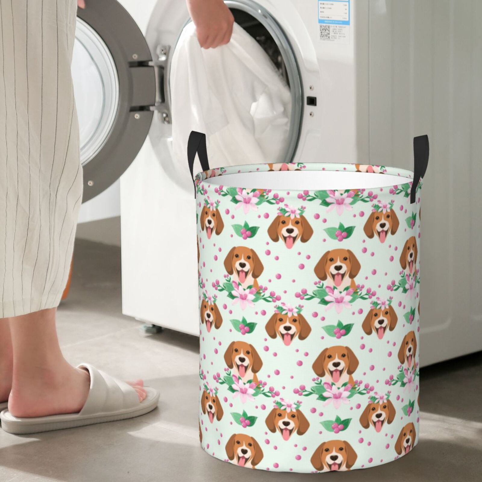 Large Laundry Basket with Handles - Beagle Dog pink flower Kids Baby Dirty Clothes Laundry Hamper for Bedroom Aesthetic