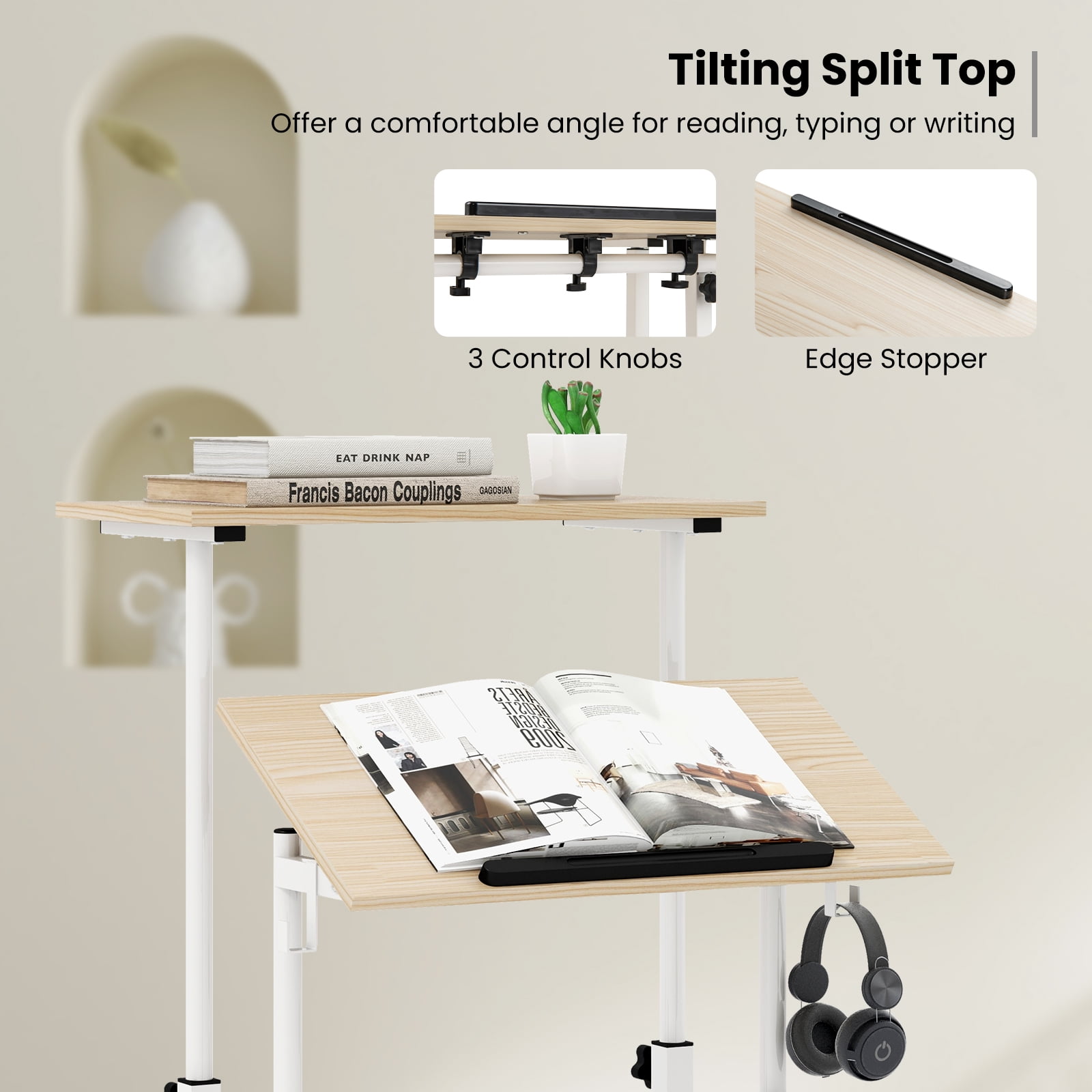 Giantex Mobile Standing Desk, Height Adjustable Sit to Stand Desk, Portable Laptop Desk, 2-Tier Computer Workstation for Home Office, Natural