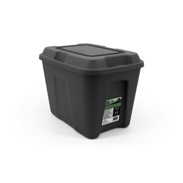 Black Tuff Store 45L (11.9 gal.) durable storage container from ZeroNest Series in Obsidian color with eco-friendly label.