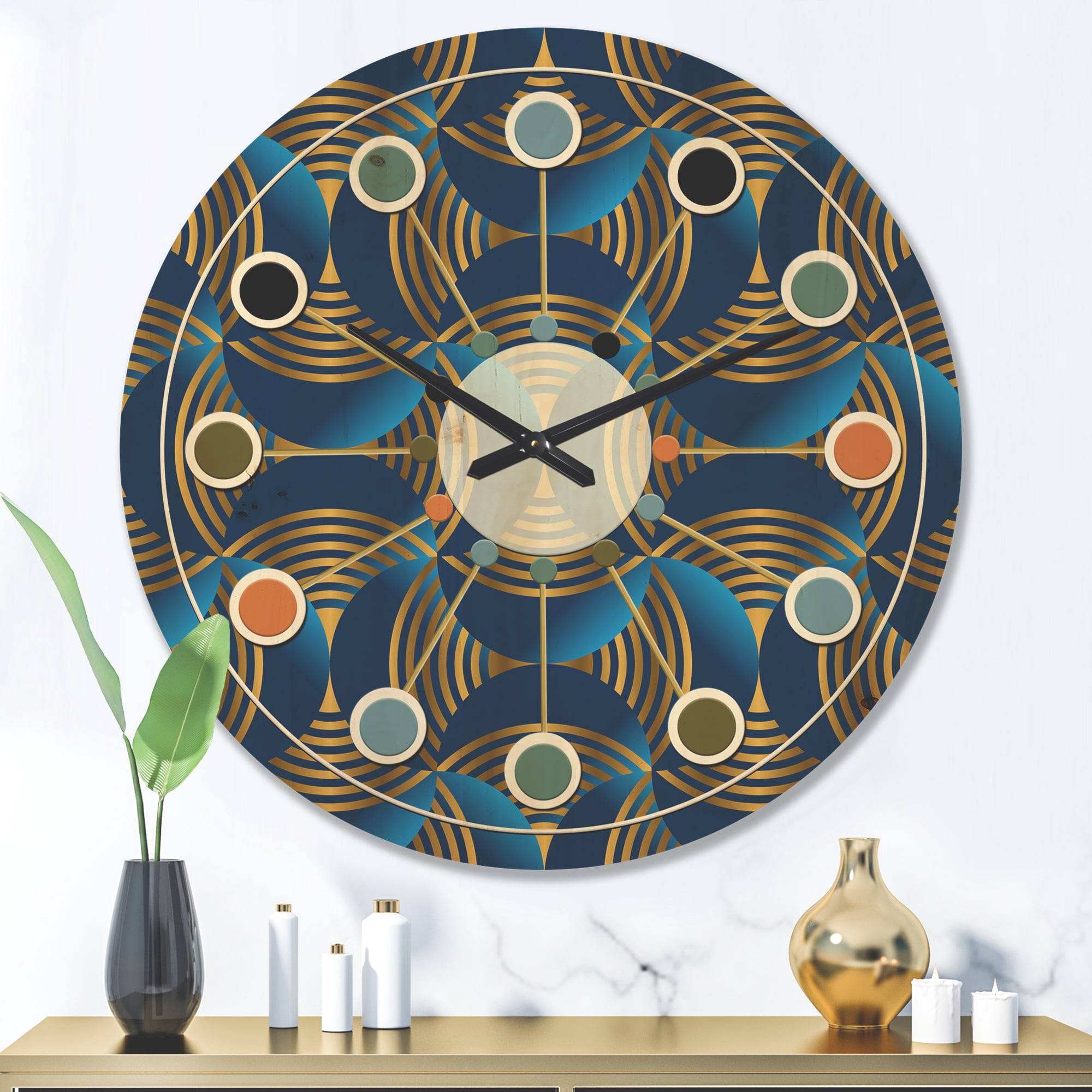 Designart 'Geometric Abstract Waves in Marine Blue and Gold' Mid-Century Modern Wood Wall Clock