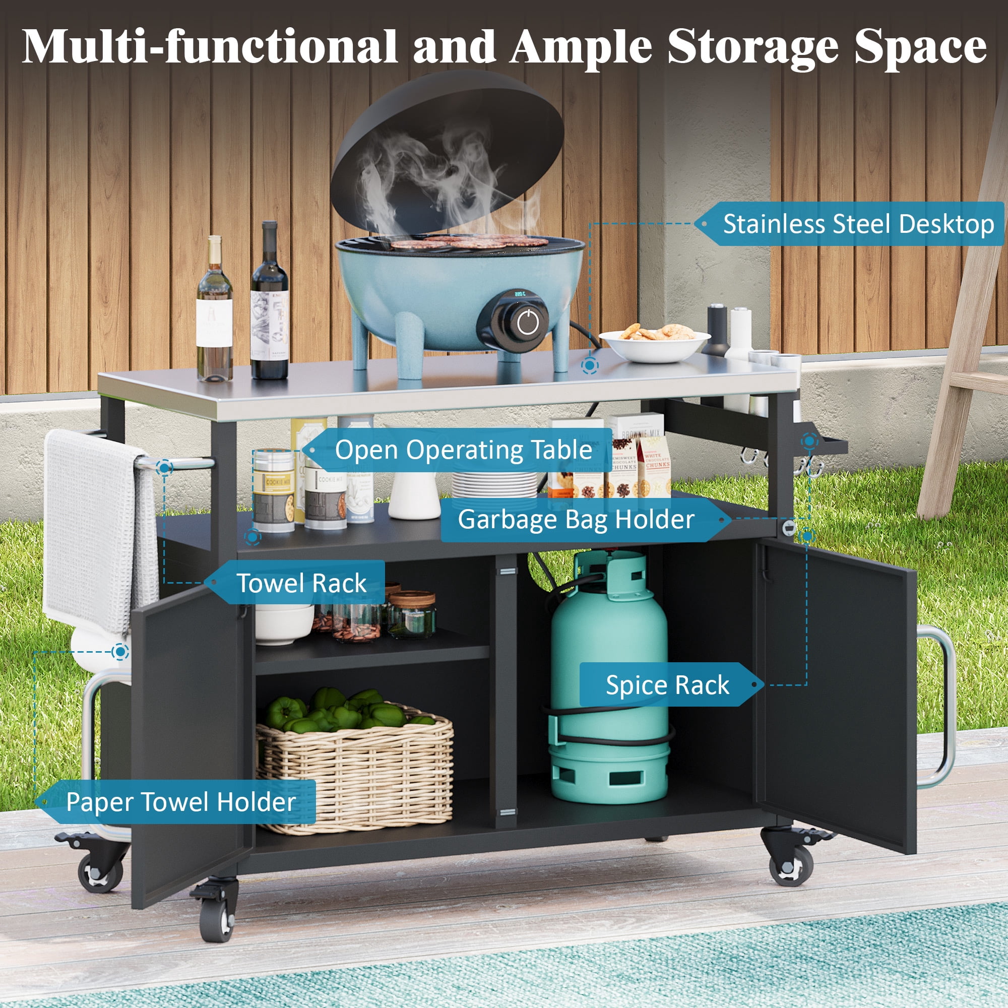 Eyisean 54.5" Outdoor Rolling Kitchen Island, Metal Prep Station with Stainless Steel Tabletop & Removable Shelf, Portable Grill Cart Table with Storage Cabinet & 4 Wheels, Spice Rack, Towel Rack