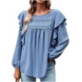 thumbnail image 1 of MeetoTime Women's Long Sleeve Ruffled Tops Crewneck Casual Loose Blouse Pleat Solid Color Blouse Pullover, 1 of 7