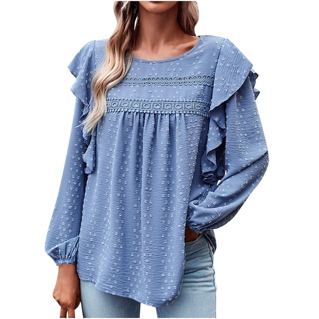 MeetoTime Women's Long Sleeve Ruffled Tops Crewneck Casual Loose Blouse Pleat Solid Color Blouse Pullover