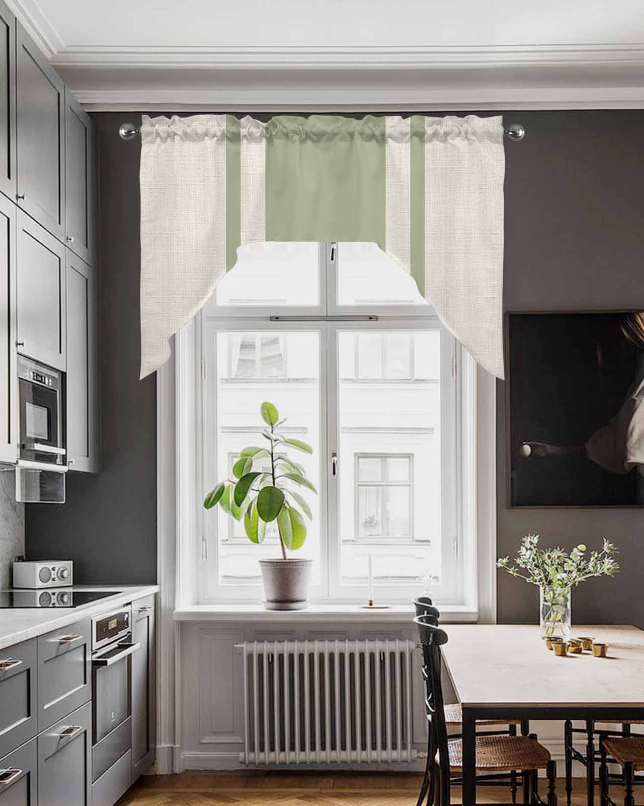 Swag Curtain Valances Sage Green Stripe Lines Swag Valances for Kitchen Windows Linen Striped Window Treatment Curtains Drapes for Kitchen Bedroom Living Room Bathroom Over Sink 56"x36"