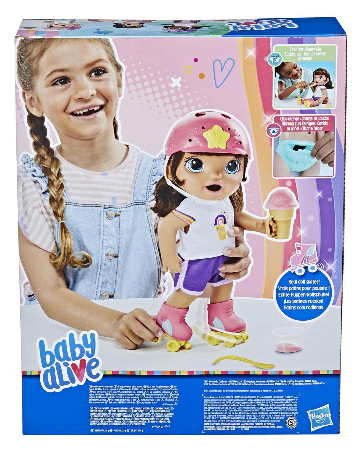Baby Alive Poupée en patins à roulettes, 30 cm, pour enfants, dès 3 ans, mange et fait « caca », poupée avec patins à roulettes, cheveux bruns