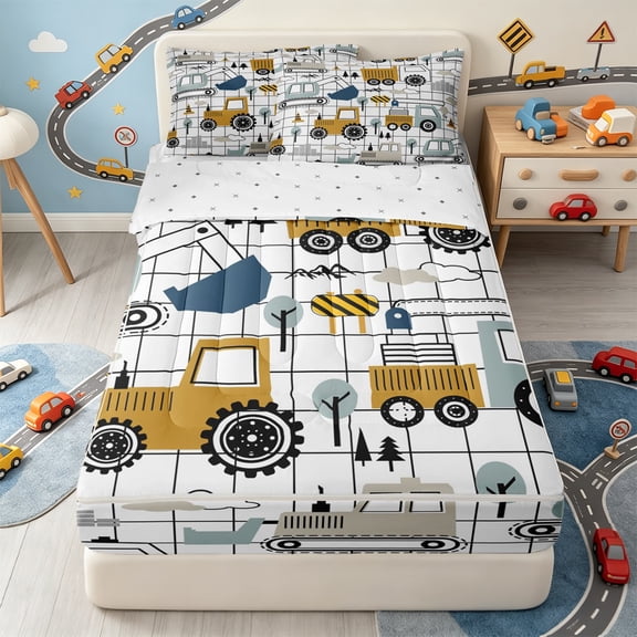 Erosebridal Grid Construction Zipper Twin Comforter Sets with Fitted Sheet and 2 Pillowcases,Road Cone Tree Zipper Bedding Set For Boys,Reversible,4pcs