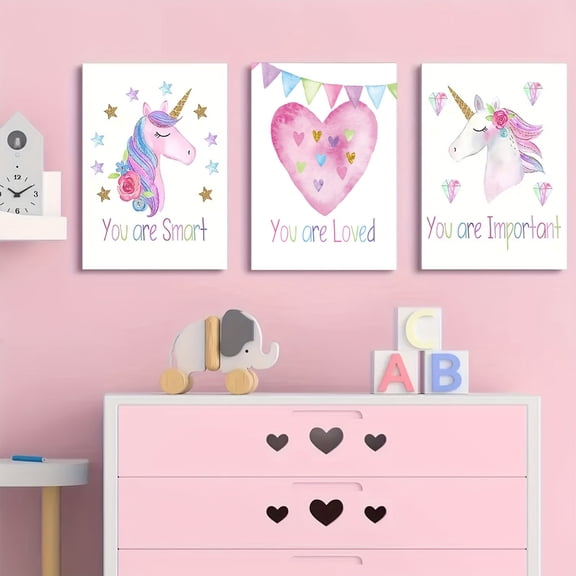 3pcs Decorate Wall Print, Pink Unicorn, Girl Wall Decoration Canvas Painting, Wall Art Room Decor, Home Decor Holiday Decor, Living Room Decor Background Decor, Wall Decor Spring Decor, 12x16in/30x4
