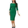 thumbnail image 2 of INSPIRE CHIC Robe Fourreau pour Femmes Col Bateau Manches 3/4 Fendue Tenue de Travail Midi L Vert, 2 of 5