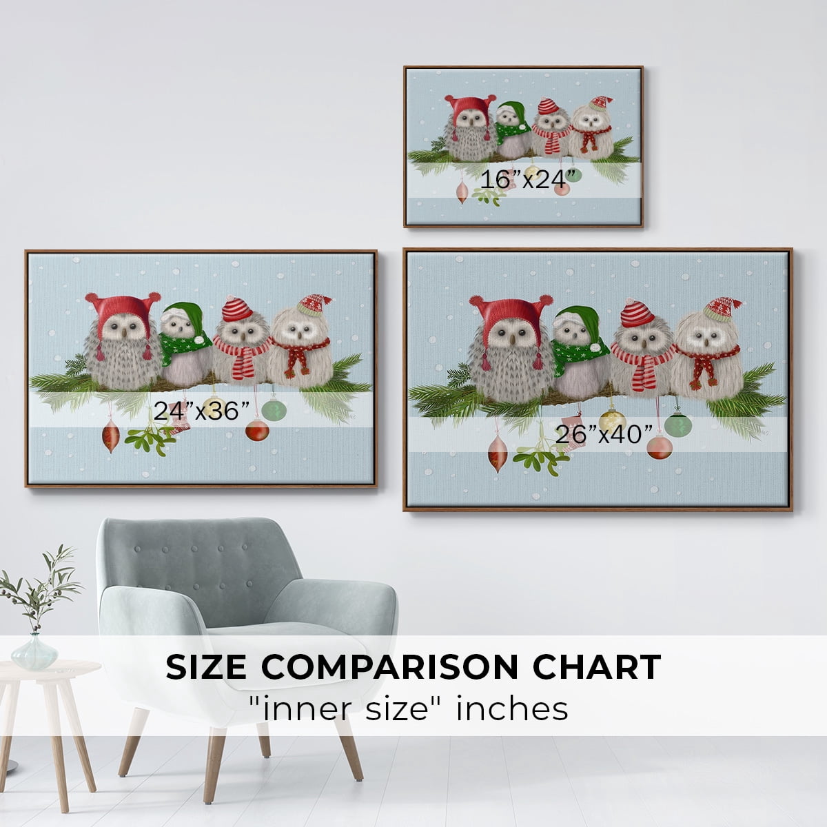 Christmas Fluffy Christmas Owls on Branch - Framed Gallery Wrapped Holiday Canvas - 17 x 25 - Rosewood Frame