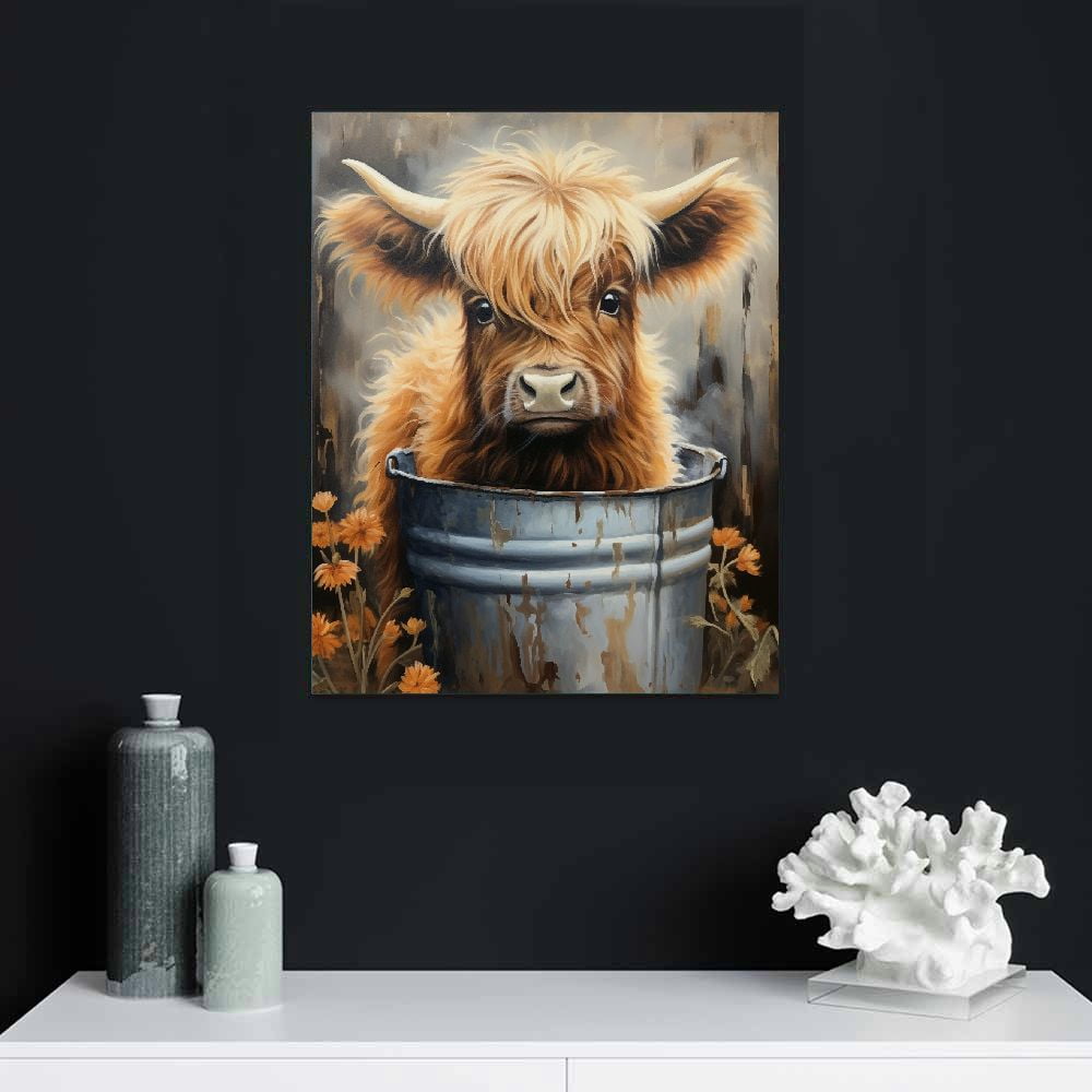 EastSmooth Farmhouse Highland Cow Wall Art: Hello Sweet Cheeks Bathroom Sign Canvas Print Brown Cow Decor Rustic Framed Picture Funny Animal Poster