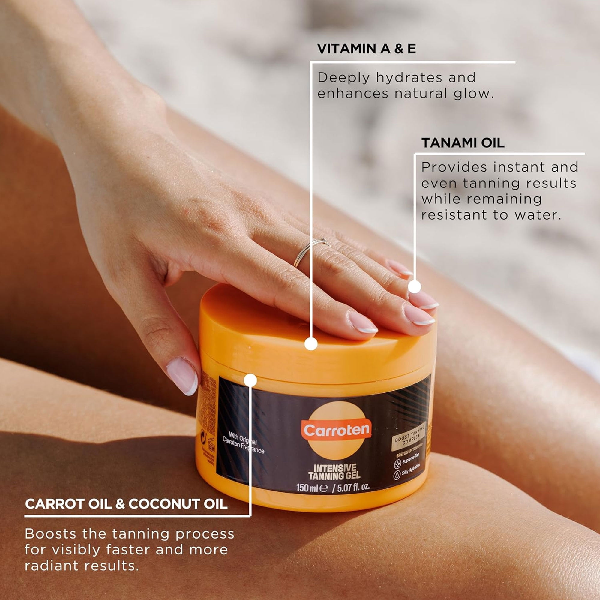 Carroten Intensive Tanning Gel | Browning Tan Accelerator | Non-Greasy, Water-Resistant with Carrot and Coconut Oil | Vitamin A & E For Moisture & Hydration | Made in Greece | 5 fl oz
