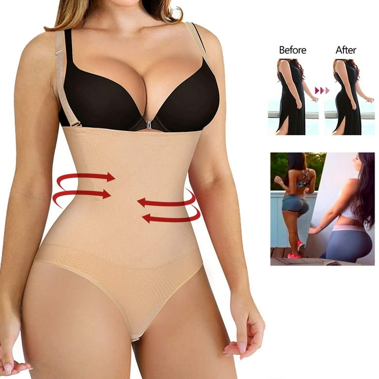 Thong Bodysuit for Women Waist Trainer, Tummy Control Hi-Waist Butt Lifter  Panties Shapewear with Removable Straps, Skin color, Medium 