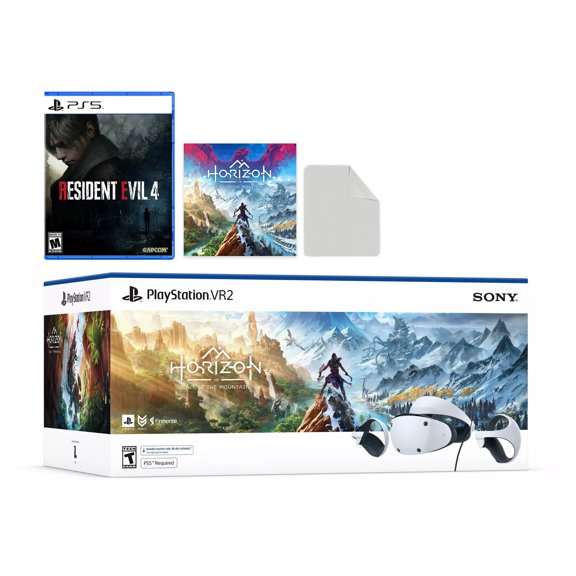 PlayStation VR2 Horizon Call of the Mountain bundle with Resident Evil 4 Game Disc, Microfiber Cleaning Cloth - PlayStation 5 PSVR2 - White