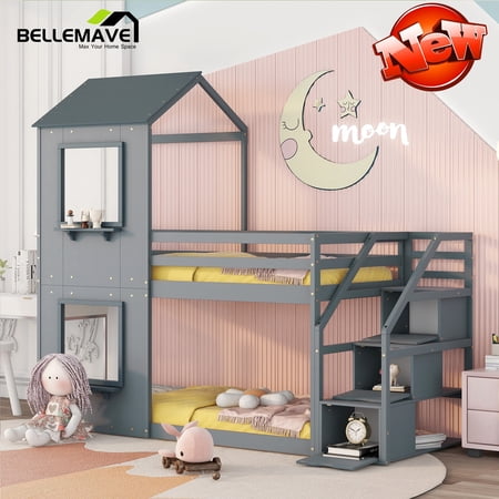 House Bunk Bed Twin over Twin/Toddler Bunk Beds, Kids Low Bunk Bed with Storage Stairs, Roof, Window, Safety Guardrail, Twin Bunk Beds for Kids, Girls,Boys(Gray)