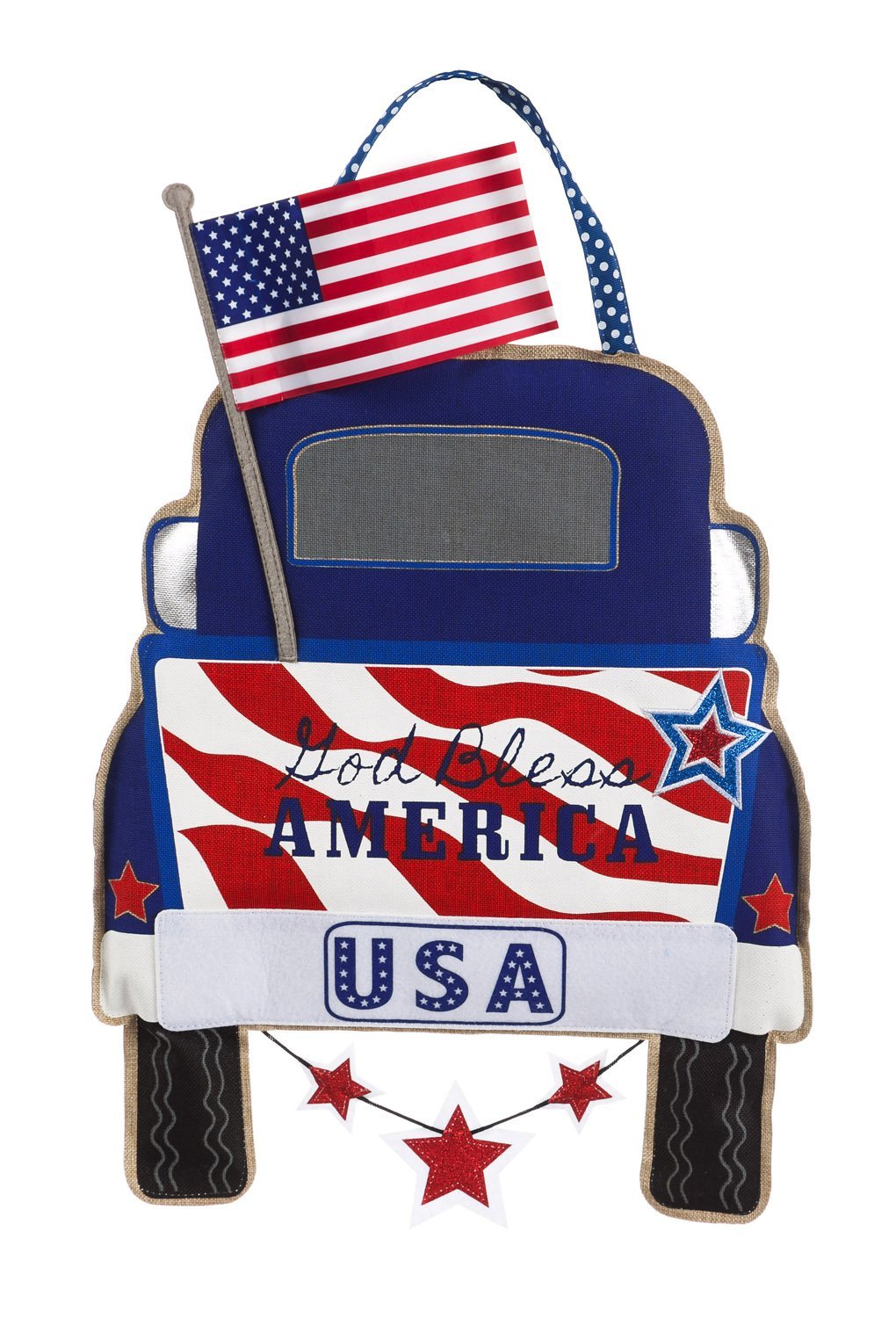 Evergreen Patriotic Pick-up Truck Outdoor Safe Burlap Door Decor, Keep