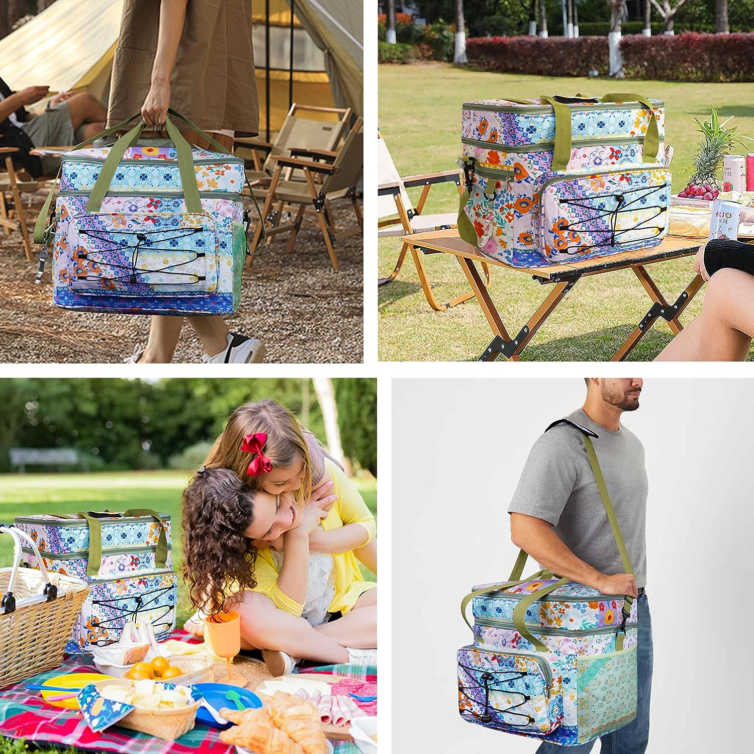 Conpaxye 60 Can Collapsible Soft-Sided Cooler with Insulated Top Compartment, Multicolor