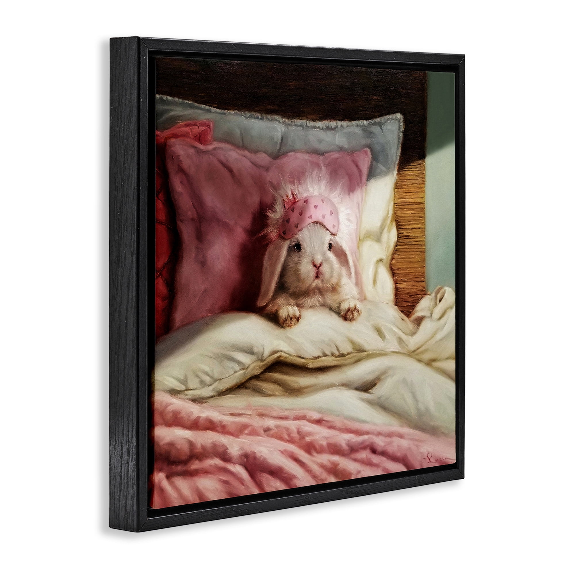 Stupell Industries Bunny Resting in Bed Animals & Insects Painting Black Floater Framed Canvas Art Print Wall Art, 18 x 18