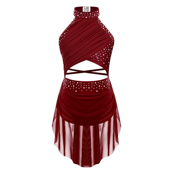 YONGHS Girls Rhinestones Lyrical Dance Dress Cutout Strappy Sleeveless Ruched Mesh Overlay Leotard Burgundy 10