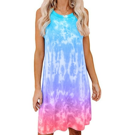 

Canis Women s Tie Dye Tank Sleeveless Knee Length Pleated Sun Dresses Pajama Sleep Shirt Lounge Dress