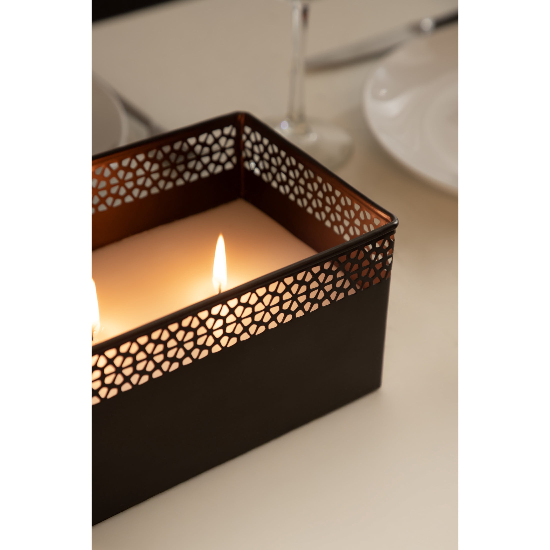 Kate and Laurel Pearce Rectangle Decorative Metal Candle Bowl, 11 x 6 x 4, Gray Gunmetal, Large Three-Wick Unscented Candle with Decorative Bowl for Living Room Decor