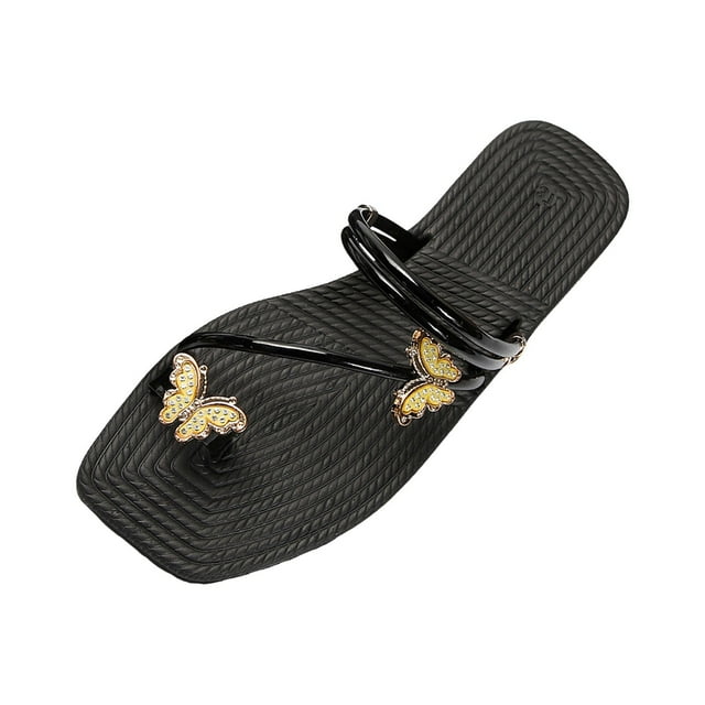 IUJSOY Women's Strappy Flats Toe Ring Sandals Trendy Rhinestone Butterfly Slip on Clip Toe Slides