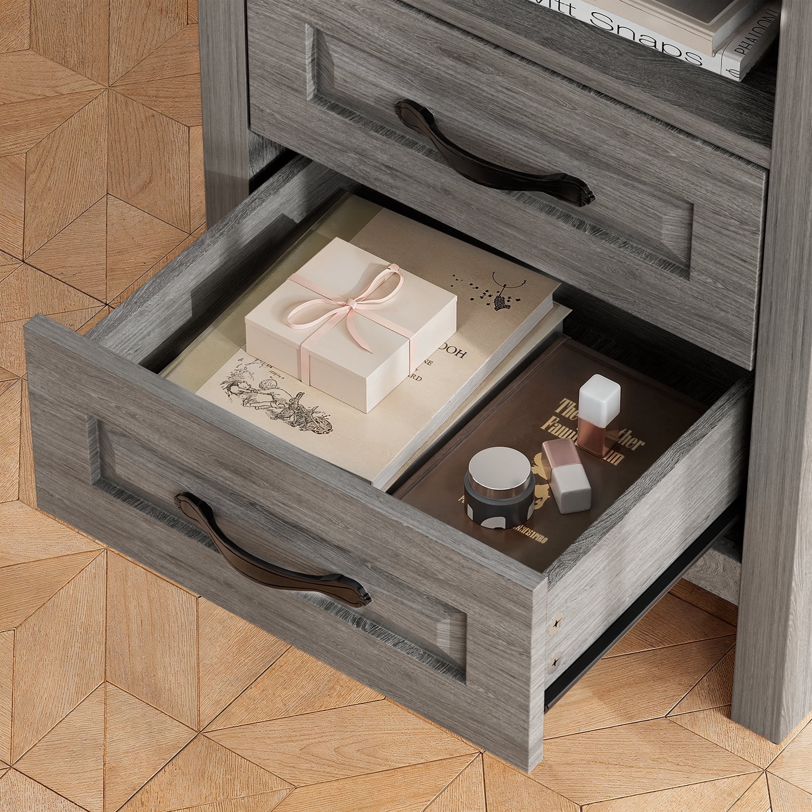 CHITOOMA 2-Drawer Nightstand with Charging Station, Farmhouse Bedside Table with Open Shelf, Small Wood End Table for Bedroom Living Room, Gray