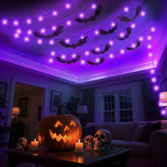 Halloween Purple String Lights with Bat Decorations, 49 Ft LED Light Strand, Indoor Decor