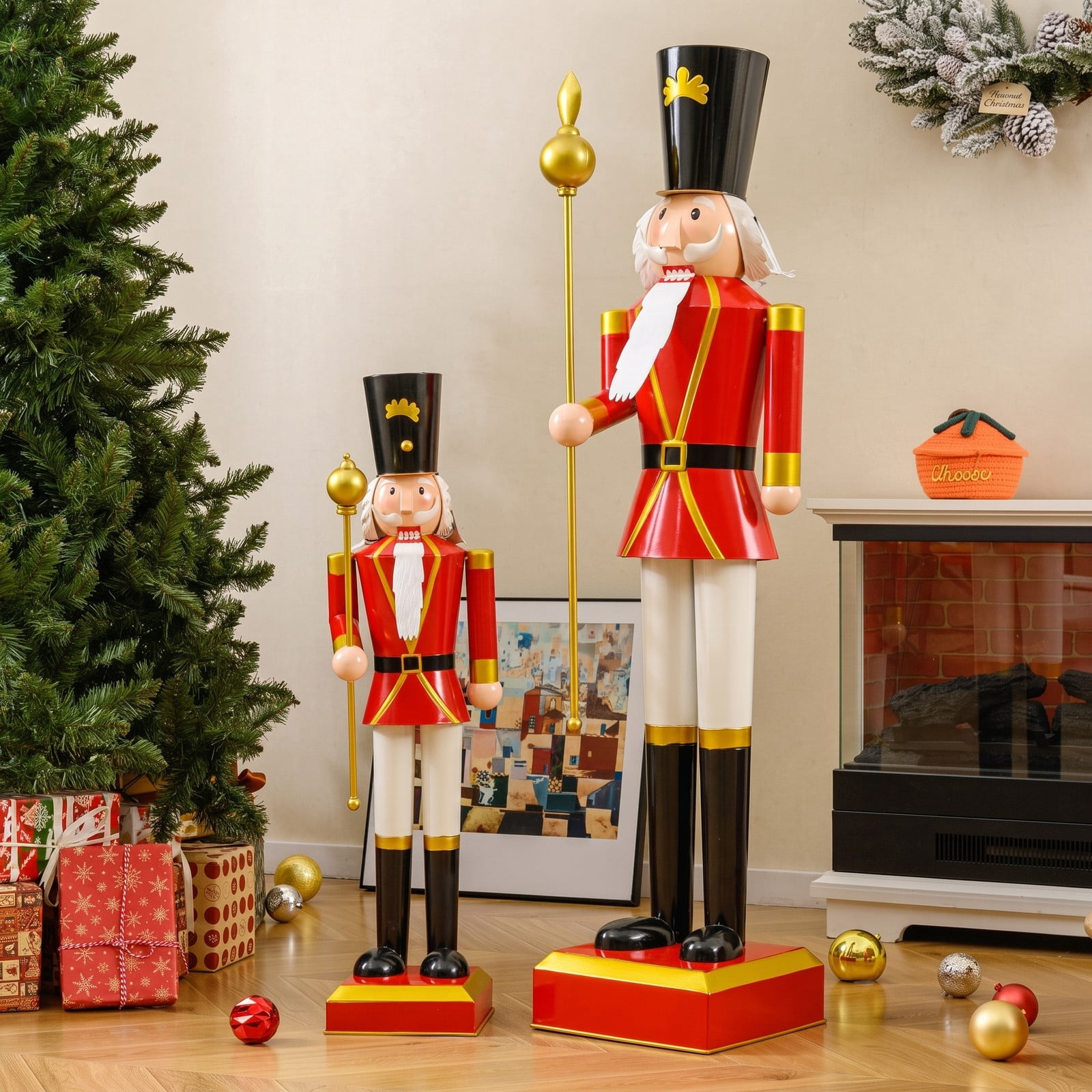 RUIE 4 FT Christmas Nutcracker Statue with High Hat & Scepter, Metal Holiday Nutcracker Soldier Figure with Hidden Lockable Storage for Indoor Outdoor, Black & Red