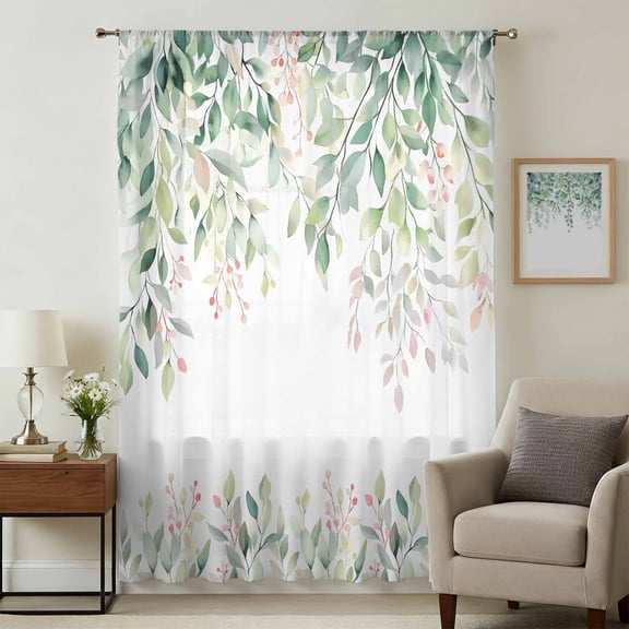 Green Botanical Sheer Curtains 63 Inches Long, Watercolor Floral Spring Eucalyptus Leaves Light Filering Curtains, Breathable Simi Curtain Privacy Drapes for Living Room Bedroom Window Treatment