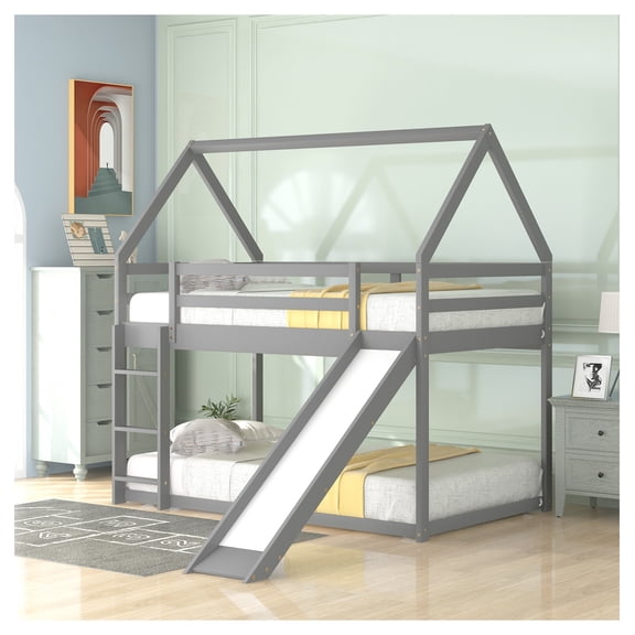 Twin Bunk House Bed with Slide & Ladder, Gray