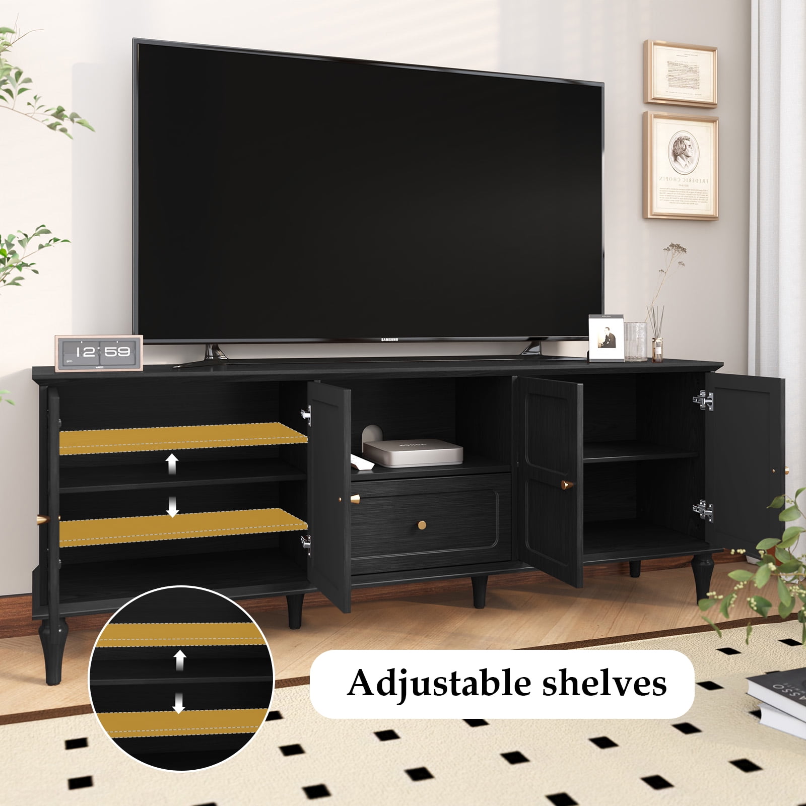 HLR Mid Century 67" TV Stand, for TVs up to 75", Living Room Entertainment Center with 4 Door Storage Cabinet, Black