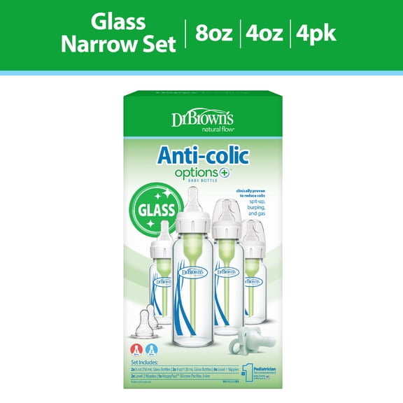 Dr. Brown's Anti-Colic Options Narrow Glass Bottle Starter Set, 4 oz / 8 oz Bottles, Level 1 and 2 Nipples, and HappyPaci Pacifier