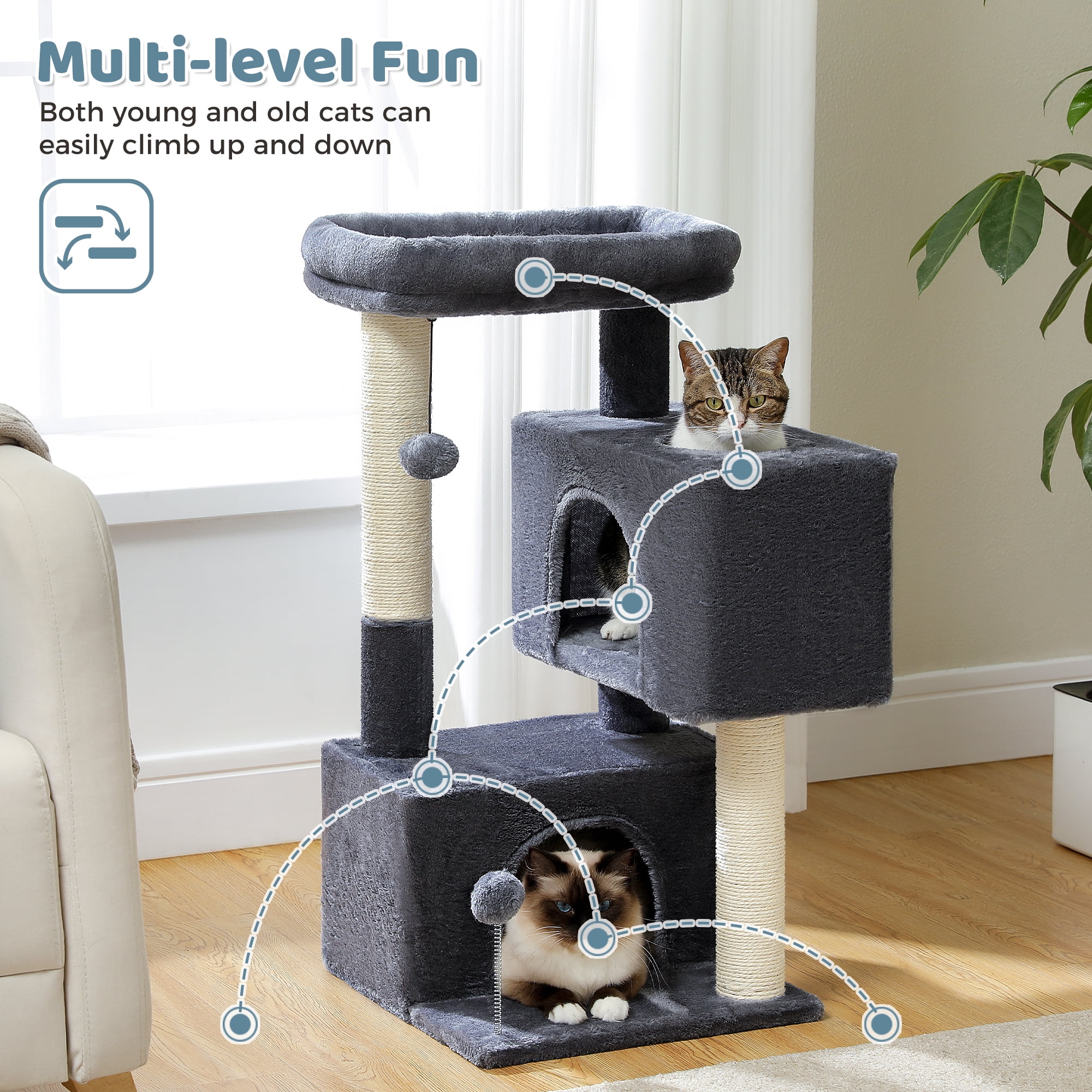 PAWZ Road 31.5" Modern Cat Tree Tower with Dual Large Condos for Kitten ＆ Medium Size Cat Dark Gray