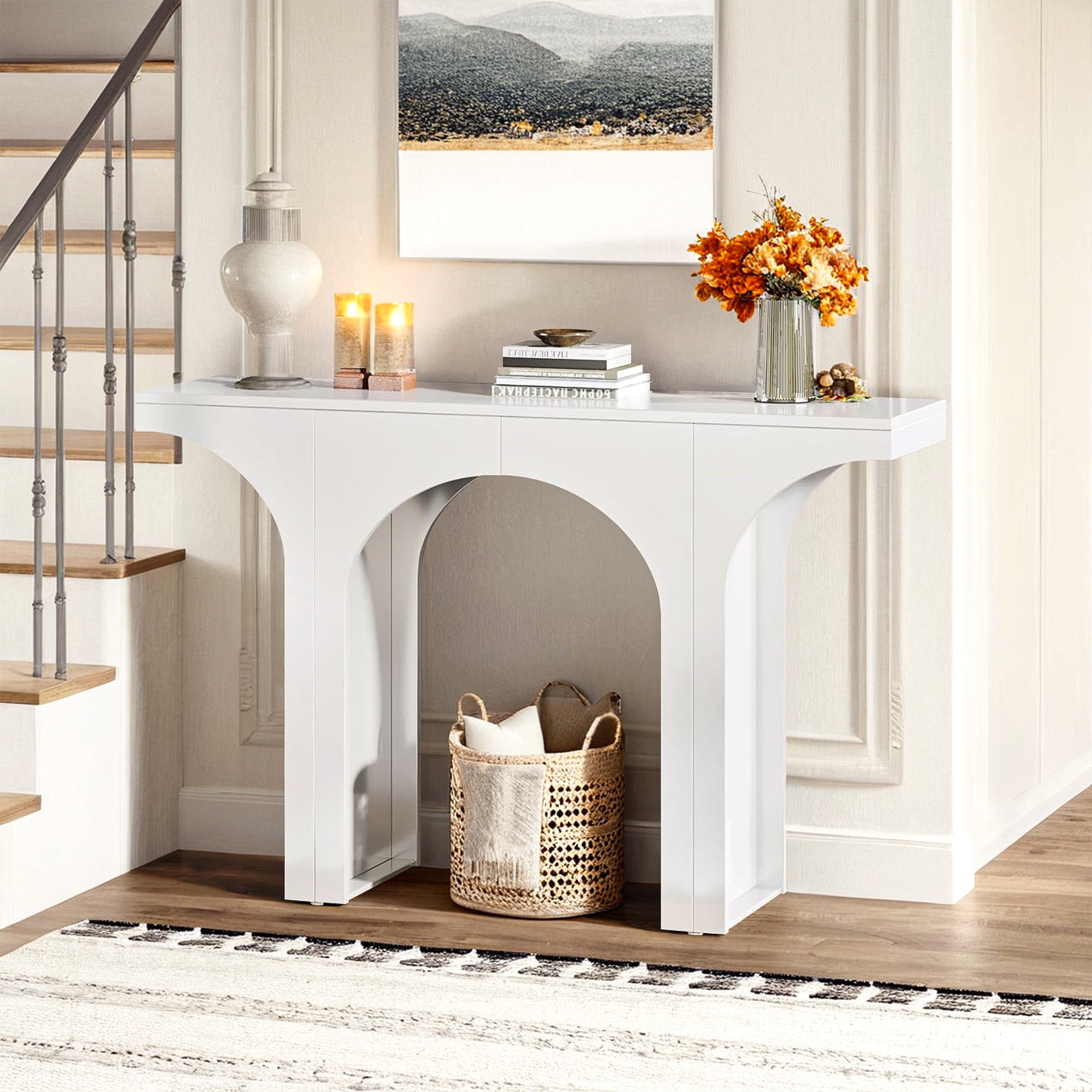 Demi Bonn 47" Console Table, Wooden Entryway Table Sofa Table with Arch Base for Hallway, Bedroom, Living Room, White