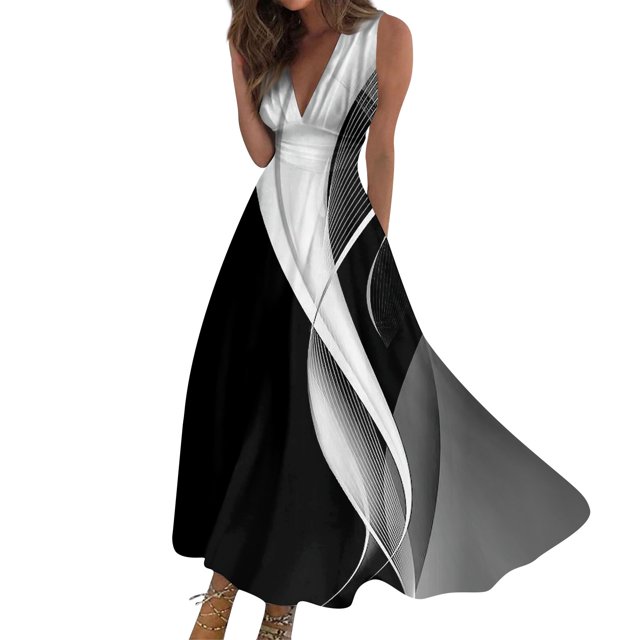Robe de Plage, Robes d'Été pour Femmes, Robe Maxi Sans Manches Colorée Mode Décontractée avec Encolure en V Robes d'Été pour Femmes