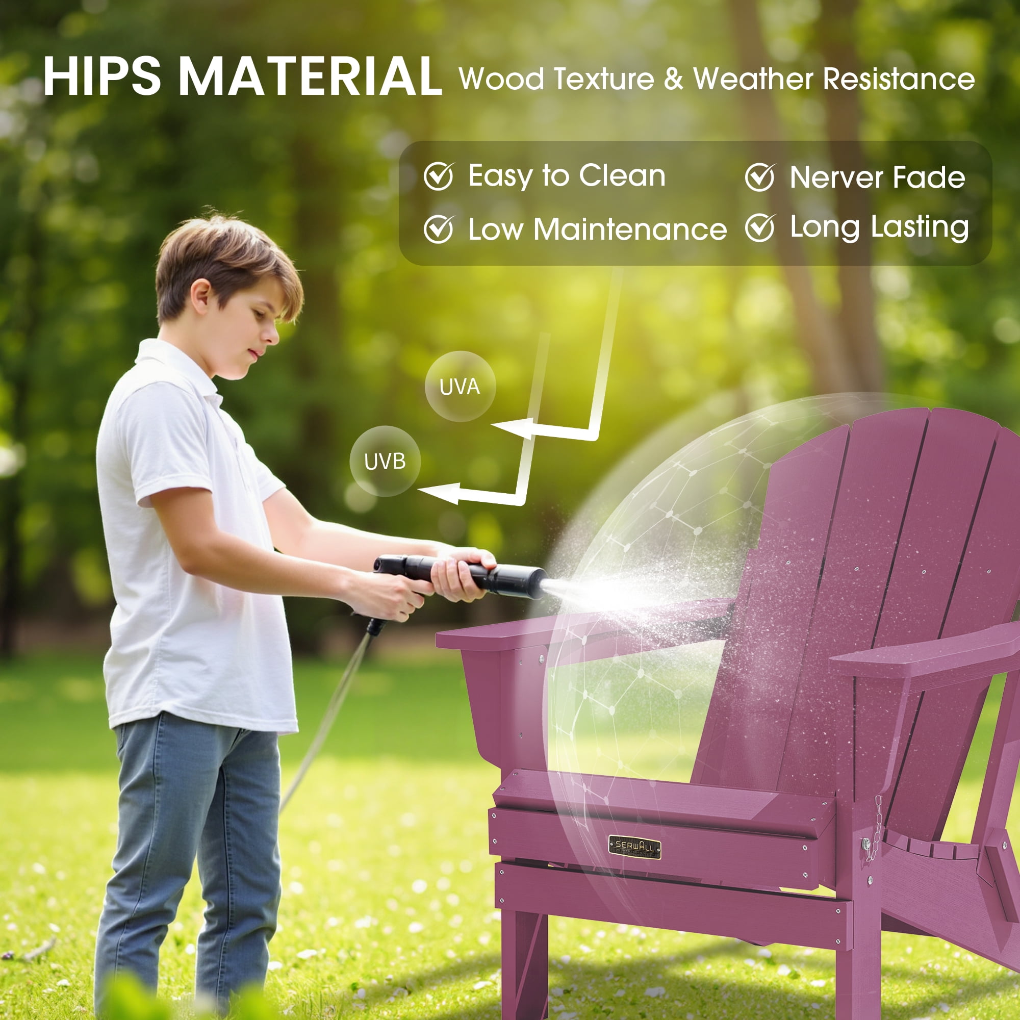 SERWALL Foldable Adirondack Chair Set of 2, Weather Resistant Adirondack Chair for Patio Garden Outdoors Fire Pit - Berryred