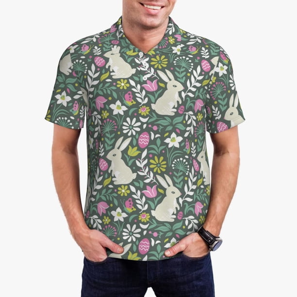 Balery Retro Bunny Floral Camisa Polo de Hombre con Estampado, de Manga Corta y Tejido Medio, Camisa Tipo Golf Polo-Large