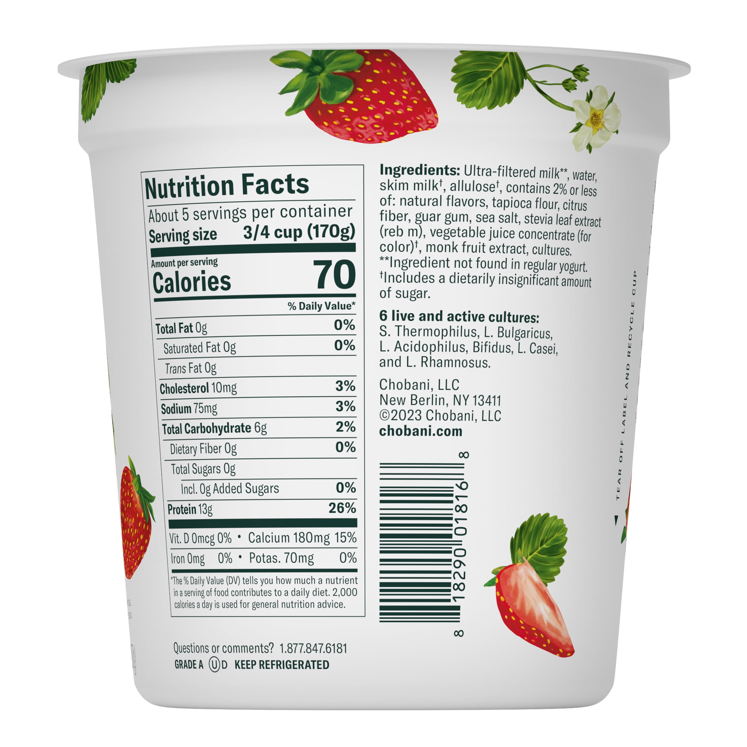 Chobani Zero Sugar Non-Fat Greek Yogurt Strawberry 32 oz Tub