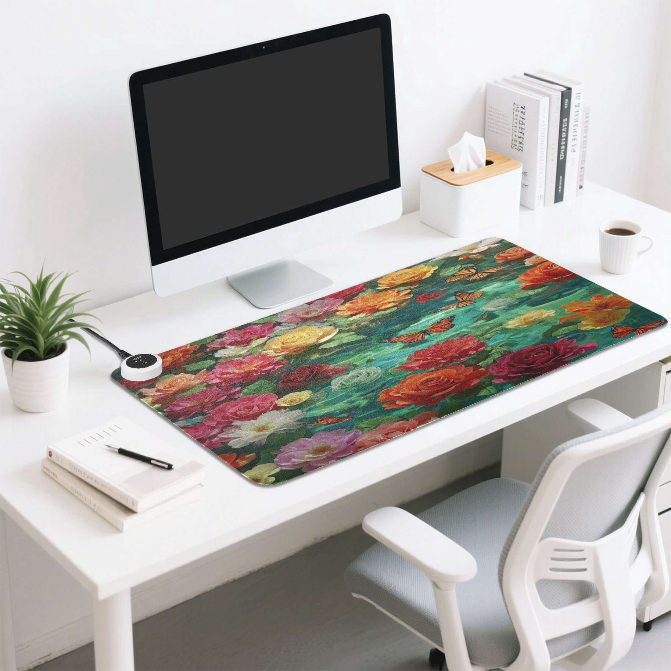 Large Heated Desk Mat Mouse Pad 31.5"x13"PU Leather Graphene Heating Desk Warmer with 3 Temperature Settings 110V US Plug Non-Slip Warm Pad for Home, Office, and Gaming Beautiful Flowers Of Colors