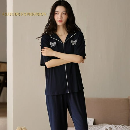 

QWZNDZGR Spring Summer Short Sleeved Elegant Women s Pajamas Set Embroidery Sexy Black Nightwear Long Pants Sleepwear Lounge Home Fashion