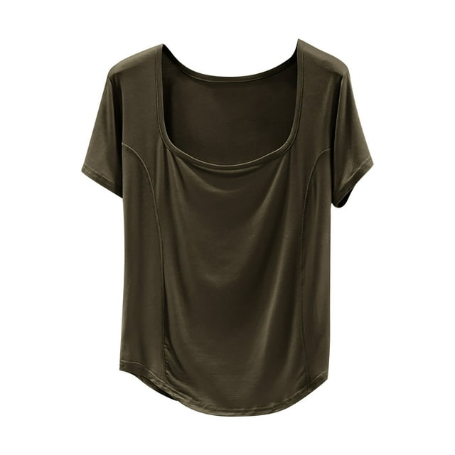Camiseta de Manga Corta Mujeres Moda de Verano Yoga Casual Cuello Cuadrado Delantero Hombro Recto Cuello Redondo Superior
