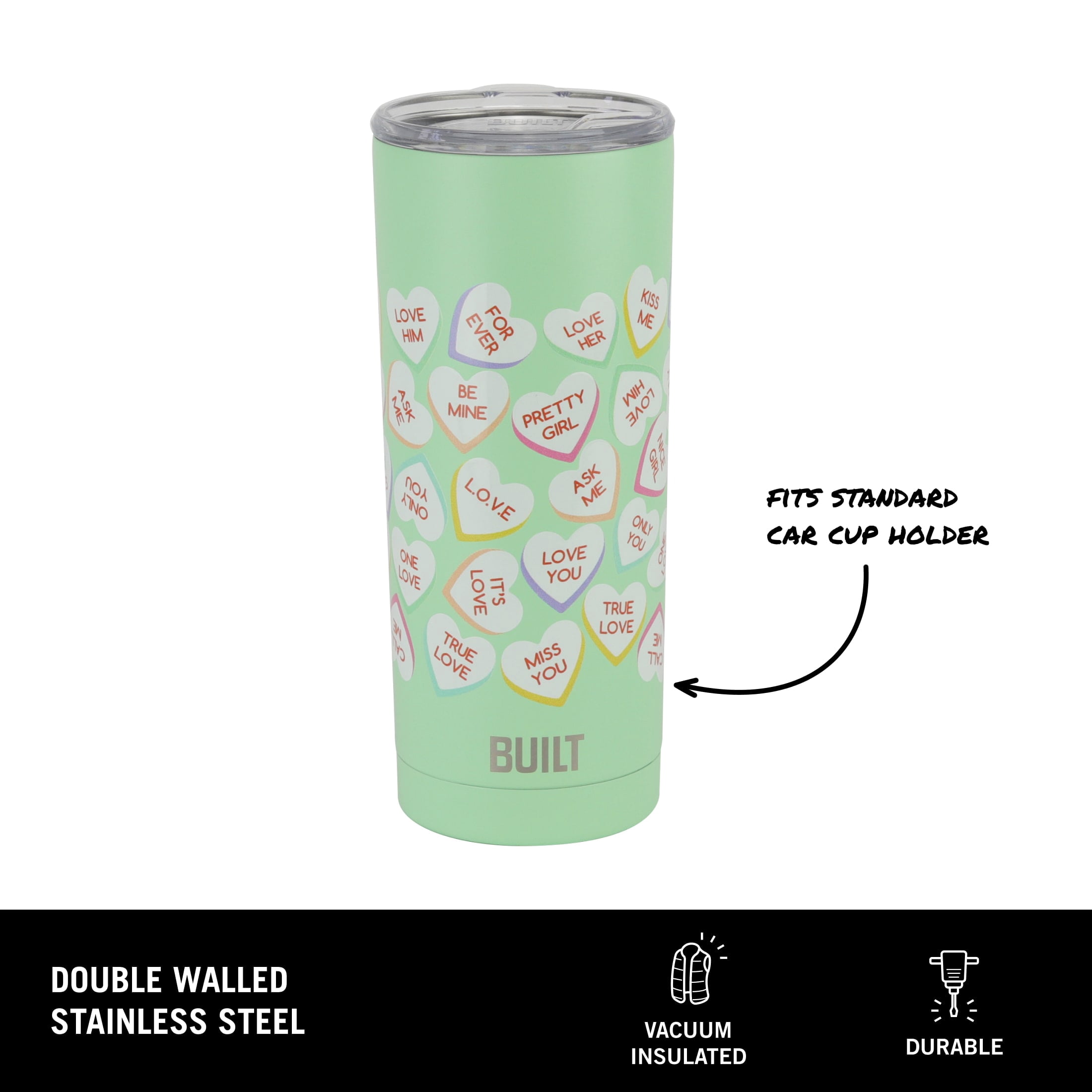 BUILT Valentine's Day Insulated Stainless Steel 20 oz Tumbler Green Conversation Hearts