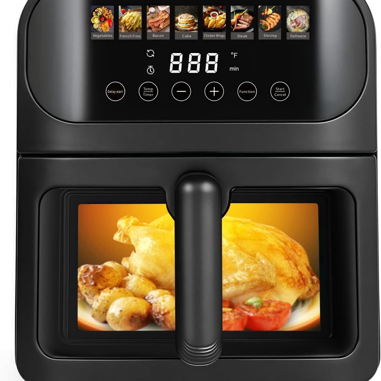 Air Fryer, Stainless Steel Airfryer 8 Presets for Fast Family Meals, 6.4Qt Large Visible Window Temp Timer Adjustable Roast Bake Crisp French Fries Steak, Non Stick Basket Dishwasher Safe