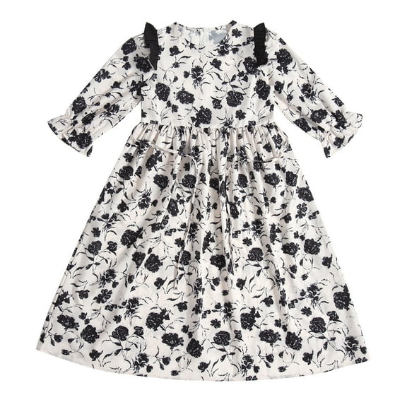 XQYLOS Floral Print Girls Long Sleeve Dress Spring/Summer/Fall Midi Length Smocked Waist Comfortable Play Dress Ruffled Neckline Casual Everyday Outfit