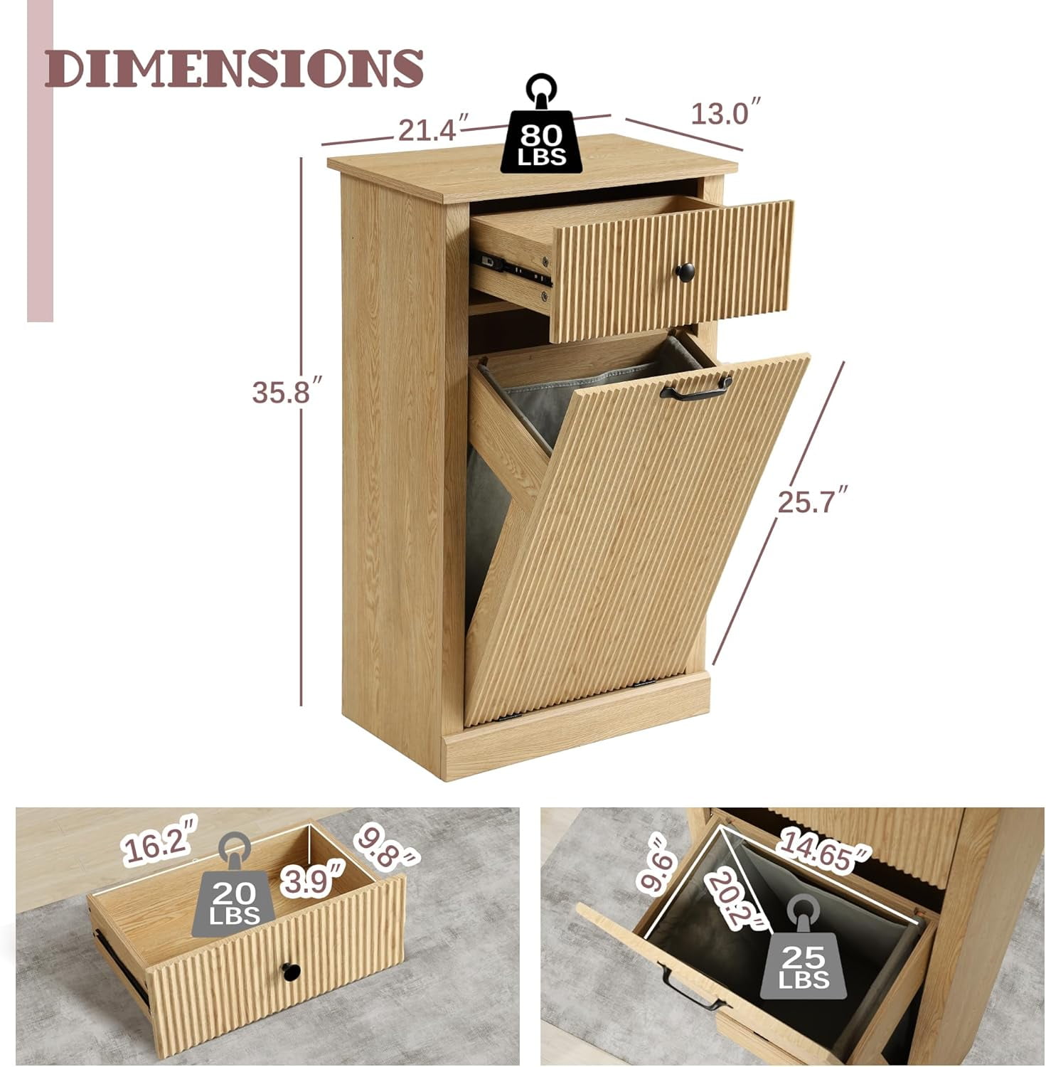 Haverchair 35.8" H Tilt Out Laundry Hamper Cabinet, Modern Fluted Trash Can Cabinets with Drawer, Wooden Hidden Garbage Cabinet for Kitchen and Bathroom